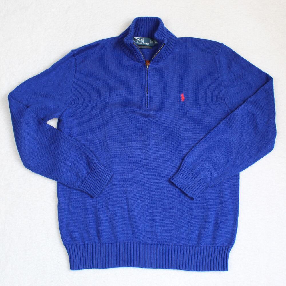 Polo Ralph Lauren 1/4 Zip Sweater Mens Medium Blue Cotton Knit Preppy Office